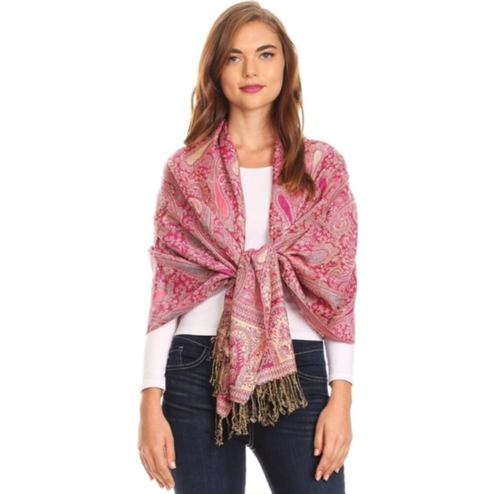 Sakkas Kalin Pashmina Shawl Scarf Long Wide Woven Patterned Fringe Pink